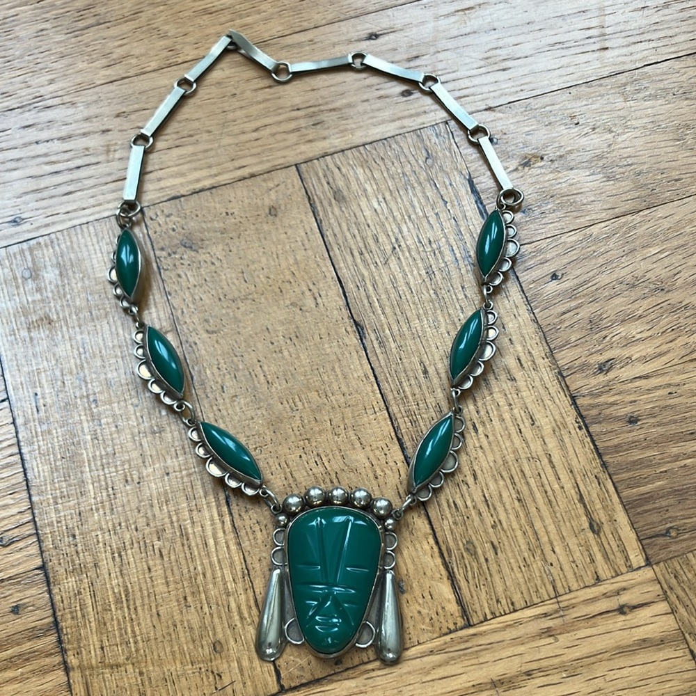 Magnificent Vintage Green and Silver Mask Necklace